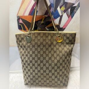 GUCCI-120836 002053 Monogram Canvas Tote with Light Yellow Leather Strap